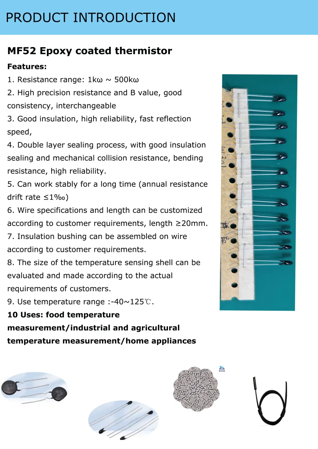 High Precision 5K10K100K3950 1% Ntc Epoxy Small Blackhead Mf52 Thermistor